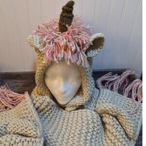Women's Hand crafted Multicolor Whimsical Unicorn Head Cover/Scarf/Mittens